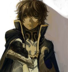 Rule 34 | 1boy, aoki (fumomo), arm up, black cloak, black gloves, black shirt, brown hair, cloak, closed mouth, code geass, gloves, green eyes, hair between eyes, high collar, holding, holding sword, holding weapon, jacket, kururugi suzaku, long sleeves, looking at viewer, male focus, outstretched arm, shirt, short hair, sketch, solo, standing, sword, upper body, v-shaped eyebrows, weapon, white jacket