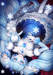 Rule 34 | 1girl, absurdly long hair, absurdres, blue eyes, blue hair, hand on own stomach, hatsune miku, highres, jaeng, long hair, looking up, lying, on back, open mouth, rabbit, smile, snowflakes, solo, twintails, very long hair, vocaloid, yuki miku
