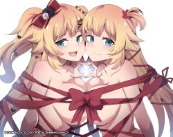 Rule 34 | 2girls, :d, akai haato, black flower, black rose, bow, breast press, breasts, closed mouth, commentary, dual persona, english commentary, flower, hair bow, hair flower, hair ornament, hairclip, heart, heart hands, heart hands duo, hinghoi, hololive, large breasts, long hair, looking at viewer, multiple girls, naked ribbon, nude, open mouth, red bow, red ribbon, ribbon, rose, side ponytail, smile, symmetrical docking, two side up, upper body, virtual youtuber, watermark, web address, white flower, white rose, x hair ornament