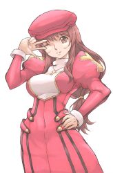 Rule 34 | 1girl, breasts, brown eyes, brown hair, covered navel, dress, erica fontaine, hand on own hip, highres, large breasts, long hair, looking at viewer, nun, one eye closed, parted lips, sakura taisen, sega, smile, solo, v, wink