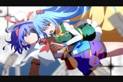 Rule 34 | :o, apron, bag, blue eyes, blue hair, blurry, blurry foreground, capelet, closed mouth, commentary, dress, english commentary, eyepatch, green apron, hairband, haniyasushin keiki, highres, letterboxed, long hair, looking at viewer, magatama hair ornament, maisuiren, multicolored clothes, multicolored hairband, open mouth, red eyes, short hair, tenkyuu chimata, touhou, white capelet, white headwear, yellow dress