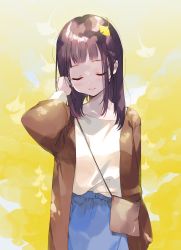 Rule 34 | 1girl, autumn, bag, blue skirt, blush, brown jacket, closed eyes, closed mouth, commentary request, ginkgo tree, ginkgo leaf, highres, ishikawa mami, jacket, leaf, leaf on head, long hair, long sleeves, open clothes, open jacket, original, puffy long sleeves, puffy sleeves, purple hair, shirt, shoulder bag, skirt, solo, white shirt