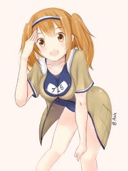 Rule 34 | 10s, 1girl, artist name, axleaki, breasts, brown eyes, clothes writing, hairband, hand on own knee, i-26 (kancolle), kantai collection, large breasts, light brown hair, long hair, looking at viewer, name tag, new school swimsuit, one-piece swimsuit, open clothes, open mouth, sailor collar, salute, school swimsuit, short sleeves, smile, solo, swimsuit, swimsuit under clothes, two-tone hairband, two side up