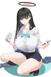 Rule 34 | 1girl, absurdres, bare legs, black gloves, black hair, black socks, blue archive, blunt bangs, breasts, bursting breasts, cellphone, cleavage, gloves, hair behind ear, hair ornament, hairclip, halo, highres, kasumi saika, kneehighs, large breasts, loafers, long hair, looking at viewer, milk carton, parted lips, phone, pleated skirt, red eyes, rio (blue archive), school uniform, shoes, skirt, smartphone, socks, solo, squatting, thick thighs, thighs