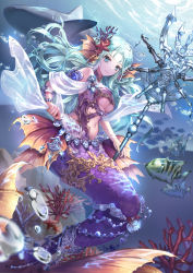 Rule 34 | air bubble, aqua hair, bad id, bad pixiv id, blue eyes, bracelet, breasts, bubble, coral, coral hairpin, fins, fish, head fins, highres, holding, holding staff, jewelry, long hair, looking at viewer, medium breasts, mermaid, midriff, monster girl, navel, ocean, original, parted lips, school of fish, seashell, see-through, shark, shell, shente (sharkpunk), smile, solo, staff, starfish hair ornament, underboob, underwater
