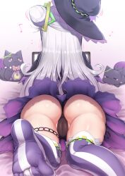Rule 34 | 1girl, absurdres, ajishio (loli king), ass, black capelet, black hat, black panties, cameltoe, capelet, cleft of venus, facing away, feet, from behind, grey hair, hair bun, hat, highres, hololive, long hair, lying, murasaki shion, murasaki shion (1st costume), musical note, no shoes, on stomach, panties, purple thighhighs, single side bun, skirt, solo, striped clothes, striped thighhighs, thighhighs, underwear, vertical-striped clothes, vertical-striped thighhighs, virtual youtuber, white thighhighs, witch hat