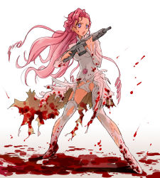 Rule 34 | 00s, blood, code geass, euphemia li britannia, fighting stance, gun, hypnosis, long hair, mind control, open mouth, panties, pink hair, simple background, torn clothes, underwear, weapon, white background
