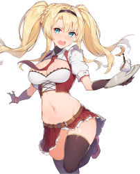 Rule 34 | 1girl, belt, black hairband, blonde hair, blue eyes, blush, braid, breasts, brown gloves, brown thighhighs, cleavage, crop top, cup, frown, gloves, granblue fantasy, groin, hairband, large breasts, leg up, long hair, looking at viewer, midriff, miniskirt, navel, necktie, open mouth, outstretched arms, panties, red footwear, red necktie, rikoma, short sleeves, showgirl skirt, simple background, skirt, solo, thighhighs, tray, twintails, underwear, white background, white panties, wing collar, zeta (granblue fantasy)