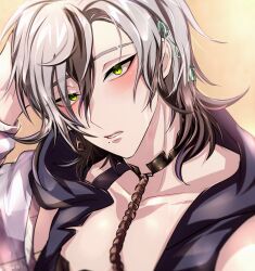 Rule 34 | 1boy, black hair, blush, choker, close-up, earrings, green eyes, grey hair, highres, jewelry, looking at viewer, male focus, mole, mole under mouth, multicolored hair, nu carnival, parted lips, rei (nu carnival), short hair, sleeveless, slit pupils, teeth, wet, wet hair, yadome810