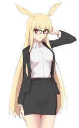 Rule 34 | 1girl, black-framed eyewear, black jacket, black skirt, blonde hair, blush, breasts, collared shirt, dress shirt, elfenlied22, fate/grand order, fate (series), formal, glasses, head wings, highres, jacket, long hair, long sleeves, looking at viewer, medium breasts, office lady, parted lips, pencil skirt, red eyes, shirt, simple background, skirt, skirt suit, smile, solo, suit, thighs, thrud (fate), valkyrie (fate), white background, white shirt, wings