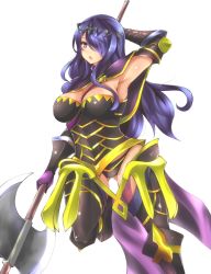 Rule 34 | 1girl, arm up, armor, armpits, axe, breastplate, breasts, camilla (fire emblem), cleavage, en (paorasuteki), fire emblem, fire emblem fates, gauntlets, greaves, hair over one eye, nintendo, purple hair, simple background, solo, thighhighs, tiara, weapon