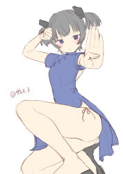 Rule 34 | 1girl, blue dress, china dress, chinese clothes, dress, fighting stance, grey eyes, grey hair, headgear, highres, i-36 (kancolle), kantai collection, one-hour drawing challenge, panties, short sleeves, side-tie panties, side slit, simple background, solo, squatting, tetsukuzu (yajirushi shita), twintails, twitter username, underwear, white background