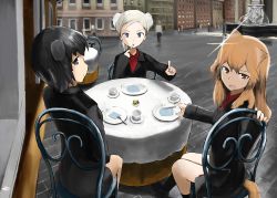 Rule 34 | 3girls, animal ears, bad id, bad pixiv id, black hair, blouse, blue eyes, brown eyes, brown hair, cafe, charlotte e. yeager, city, cup, fernandia malvezzi, fork, fountain, highres, long hair, looking at viewer, luciana mazzei, martina crespi, military, military uniform, miyafuji yoshika, multiple girls, no pants, oftaj, open mouth, outdoors, plate, red shirt, round table, shirt, short hair, sitting, strike witches, strike witches: kurenai no majo-tachi, table, tail, uniform, white hair, world witches series