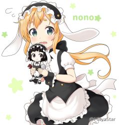 Rule 34 | 1girl, animal ears, apron, black hairband, black skirt, blonde hair, blouse, blush, character name, commentary request, company connection, cosplay, doll, fake animal ears, fleur de lapin uniform, flying sweatdrops, frilled apron, frilled hairband, frilled shirt, frilled skirt, frills, gochuumon wa usagi desu ka?, green eyes, hairband, holding, holding doll, holding tray, kirima syaro, kirima syaro (cosplay), long hair, low ponytail, manga time kirara, mitya, mole, mole under eye, natsume nono, open mouth, ponytail, puffy short sleeves, puffy sleeves, rabbit ears, shirt, short eyebrows, short sleeves, simple background, skirt, solo, thick eyebrows, tray, twitter username, urara meirochou, very long hair, waist apron, wavy mouth, white apron, white background, white shirt, wrist cuffs