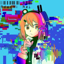 Rule 34 | 1girl, a.i. voice, adachi rei, barcode, black shirt, blue background, character name, closed mouth, drawstring, glitch, gloves, hair ornament, hairclip, hand on own chin, hand up, hashtag-only commentary, headlamp, highres, jacket, lens eye, long sleeves, looking at viewer, medium hair, one side up, open clothes, open jacket, orange eyes, orange hair, radio antenna, shirt, solo, sora 2 51, sound wave, translation request, turtleneck, upper body, utau, white gloves, white jacket
