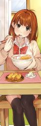 Rule 34 | 1girl, black thighhighs, blush, bow, bowl, bowtie, brown hair, brown shirt, chair, chopsticks, collared shirt, eating, food, highres, holding, holding bowl, kawai makoto, koufuku graffiti, legs together, long hair, long sleeves, looking at viewer, machiko ryou, on chair, pleated skirt, red bow, red bowtie, shirt, sitting, skirt, solo, soup, table, thighhighs, upper body, wings, zettai ryouiki