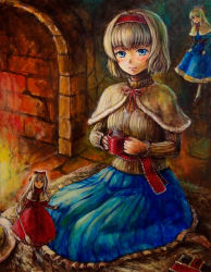 Rule 34 | 1girl, alice margatroid, blonde hair, blue eyes, book, capelet, cup, dress, female focus, fire, fireplace, grimoire, grimoire of alice, hairband, hourai doll, kneeling, light smile, lips, looking at viewer, mug, oil painting (medium), painting (medium), shanghai doll, short hair, spoon, sweater, tafuto, touhou, traditional media