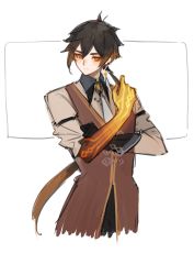 Rule 34 | 1boy, arm tattoo, bad id, bad twitter id, black gloves, black hair, brown hair, closed mouth, collar, collared shirt, earrings, formal, genshin impact, gloves, hair between eyes, highres, jacket, jewelry, long hair, long sleeves, male focus, multicolored hair, necktie, ponytail, saber beam, shirt, simple background, single earring, sleeves rolled up, solo, tassel, tassel earrings, tattoo, white background, yellow eyes, zhongli (genshin impact)