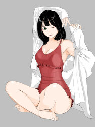 Rule 34 | 1girl, absurdres, arm up, barefoot, black hair, bob cut, breasts, cleavage, commentary, crossed legs, feet, frilled one-piece swimsuit, frills, green eyes, grey background, highres, indian style, looking at viewer, medium hair, one-piece swimsuit, one eye closed, open clothes, open shirt, original, parted lips, red one-piece swimsuit, sakamoto giulietta, shirt, simple background, sitting, solo, swimsuit, thighs, toes, white shirt