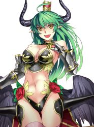Rule 34 | 1girl, :d, absurdres, armor, asmodeus (shinrabanshou), bad id, bad pixiv id, bare shoulders, bikini armor, black wings, breasts, cleavage, demon horns, flower, gauntlets, green hair, highres, horns, long hair, looking at viewer, low wings, monster girl, navel, open mouth, pointy ears, rose, sensei (hitagi3594), shinrabanshou, simple background, smile, solo, white background, wings, yellow eyes