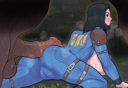 Rule 34 | 1girl, absurdres, animal penis, anus, ass, bad id, bad twitter id, bestiality, black hair, blush, bodysuit, breasts, breasts out, cameltoe, cleft of venus, fallout (series), fallout 4, fat mons, highres, horse penis, imminent penetration, large breasts, large penis, looking back, mature female, penis, pussy, shioinu kemushi, size difference, skin tight, smile, sole survivor (female), solo focus, sweat, testicles, uncensored, vault suit
