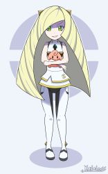 Rule 34 | 1girl, aged down, blonde hair, child, cleffa, creatures (company), dress, female focus, full body, game freak, gen 2 pokemon, green eyes, highres, kunaless, long hair, looking at viewer, lusamine (pokemon), nintendo, pokemon, pokemon (anime), pokemon (creature), pokemon sm, pokemon sm (anime), simple background, smile, very long hair, white dress