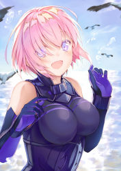 Rule 34 | 1girl, :d, bad id, bad pixiv id, bird, blush, breasts, elbow gloves, fate/grand order, fate (series), gloves, highres, looking at viewer, mash kyrielight, medium breasts, open mouth, pink hair, purple eyes, saijou haruki, short hair, smile, solo, upper body