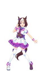 Rule 34 | 1girl, 3d, animal ears, armband, asymmetrical footwear, black footwear, black vest, bob cut, braid, brown hair, crown braid, frilled skirt, frills, full body, game model, highres, horse ears, horse girl, horse tail, jacket, looking at viewer, miniskirt, mismatched footwear, multicolored hair, official art, open mouth, pleated skirt, puffy short sleeves, puffy sleeves, purple eyes, revision, shoes, short hair, short sleeves, skirt, smile, solo, special week (umamusume), standing, tail, thighhighs, transparent background, two-tone hair, umamusume, vest, white footwear, white hair, white jacket, white skirt, white thighhighs, wristband