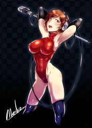 Rule 34 | 1girl, armpits, arms behind head, blush, breasts, brown hair, caffein, commentary, covered erect nipples, cowboy shot, elbow gloves, gloves, headset, highleg, highleg leotard, highres, holding, holding microphone, large breasts, leotard, looking at viewer, meiko (vocaloid), microphone, microphone stand, short hair, solo, thighhighs, vintage microphone, vocaloid