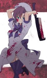 Rule 34 | 1girl, arms up, black footwear, blood, blood on clothes, blood on face, blood on hands, bloody weapon, blue bow, blue eyes, blue legwear, blue neckwear, bow, cleaver, closed mouth, hashitsuki nata, hat, highres, holding, holding weapon, momokumo, nata (tool), original, panties, pantyshot, puffy sleeves, purple hair, short hair, smile, solo, underwear, weapon, white hat
