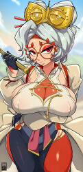 Rule 34 | 1girl, bayeuxman, black gloves, black skirt, blue sky, blurry, blurry background, breasts, covered erect nipples, cowboy shot, day, eyeshadow, glasses, gloves, grey hair, hair bun, highres, jacket, large breasts, long sleeves, looking at viewer, makeup, mask, mask on head, naughty face, nintendo, outdoors, pantyhose, purah, red-framed eyewear, red eyes, red eyeshadow, red pantyhose, sideboob, skirt, sky, smile, solo, standing, the legend of zelda, the legend of zelda: tears of the kingdom