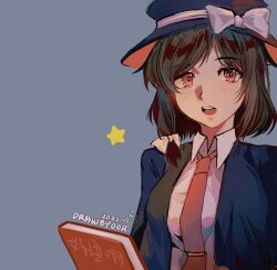 Rule 34 | 1girl, absurdres, black hat, black jacket, book, bow, breasts, brown hair, chinese commentary, chinese text, collared shirt, commentary request, grey background, hair bow, hat, hat ribbon, highres, jacket, medium breasts, necktie, open clothes, open jacket, open mouth, ououren, red eyes, red necktie, ribbon, shirt, simple background, solo, star (symbol), teeth, tie clip, touhou, translation request, upper body, upper teeth only, usami renko, white bow, white ribbon, white shirt