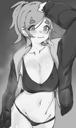Rule 34 | 1girl, aged up, blush, bra, breasts, cleavage, collarbone, greyscale, highres, inuyama aoi, jacket, large breasts, long sleeves, monochrome, navel, quchi huoguoba, smile, solo, sports bra, steaming body, sweat, underwear, yurucamp