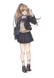 Rule 34 | 1girl, black jacket, black skirt, blazer, blue bow, blue bowtie, blue eyes, bow, bowtie, brown footwear, brown hair, brown sweater vest, cellphone, collared shirt, full body, highres, holding, holding phone, jacket, kantai collection, kumano (kancolle), ld (luna dial398), loafers, long hair, long sleeves, miniskirt, official alternate costume, phone, pleated skirt, ponytail, shirt, shoes, skirt, smartphone, smile, socks, solo, standing, sweater vest, white shirt, white socks