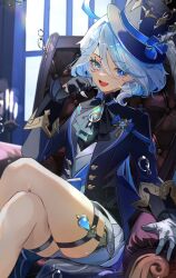 Rule 34 | 1girl, ahoge, ascot, black ascot, black gloves, blue brooch, blue eyes, blue hair, blue hat, blue jacket, candle, crossed legs, fang, furina (genshin impact), genshin impact, gloves, hat, highres, indoors, jacket, light blue hair, long hair, multicolored hair, on chair, open mouth, shorts, sitting, smile, solo, streaked hair, throne, top hat, white gloves, window, yui 4293