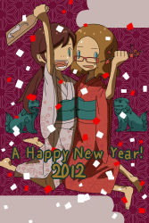 Rule 34 | 2012, 2girls, alternate hair color, barefoot, blonde hair, blue eyes, brown hair, child, confetti, feet, flat chest, freckles, full body, glasses, happy new year, highres, hotelblue, japanese clothes, kimono, kneeling, long hair, looking at viewer, looking over eyewear, madeline (hotelblue), multiple girls, new year, new years, open mouth, original, ponytail, r.h., short hair, soles, sweatdrop, toes