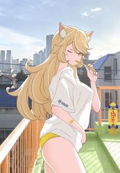 Rule 34 | animal, animal ears, bandaid, bandaid on arm, blonde hair, cityscape, drinking straw, drinking straw in mouth, from side, hand on own stomach, highres, katouken (ktn-works), looking at viewer, one eye closed, original, panties, photo background, railing, shirt, shirt overhang, skateboard, t-shirt, underwear, yellow eyes, yellow panties