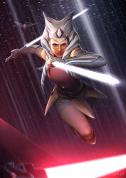 Rule 34 | 1girl, ahsoka tano, alien, bird, blue eyes, brown pants, commentary, darren tan, dual wielding, energy sword, english commentary, facing viewer, fingerless gloves, gloves, highres, holding, holding lightsaber, jedi, jumping, lightsaber, looking at viewer, outdoors, owl, pants, realistic, red lightning, red lightsaber, reverse grip, snowing, star wars, star wars: rebels, sword, togruta, weapon, white lightsaber