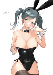 Rule 34 | 1girl, alternate costume, animal ears, black bow, black bowtie, black leotard, black thighhighs, bow, bowtie, breasts, cleavage, cowboy shot, detached collar, green eyes, grey hair, highres, kantai collection, large breasts, leotard, one-hour drawing challenge, playboy bunny, rabbit ears, rabbit tail, side-tie leotard, simple background, solo, souryuu (kancolle), standing, strapless, strapless leotard, tail, tetsukuzu (yajirushi shita), thighhighs, twintails, twitter username, white background, wrist cuffs
