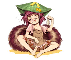 Rule 34 | 1girl, ;3, ;d, alcohol, animal ears, bare legs, barefoot, bell, blush, dress, drunk, eyebrows, fang, feet, flat chest, full body, futatsuiwa mamizou, glasses, green hat, harusame (unmei no ikasumi), hat, head tilt, holding, jingle bell, lace-trimmed sleeves, lace trim, one eye closed, open mouth, purple hair, raccoon ears, raccoon tail, red eyes, sake, short hair, short sleeves, simple background, sitting, smile, solo, spread legs, squeans, string, tail, toes, tokkuri, touhou, white background
