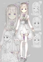 Rule 34 | 1girl, :t, ^ ^, armor, armored dress, belt, belt buckle, blush, braid, buckle, character sheet, closed eyes, closed mouth, commentary request, crown, facing viewer, flower, frilled skirt, frills, grey background, grey footwear, hand up, head tilt, high heels, highres, long hair, long sleeves, mary janes, mini crown, multiple views, original, pleated skirt, puffy long sleeves, puffy sleeves, purple eyes, purple flower, purple rose, revision, rin2008, rose, shirt, shoes, side braid, silver hair, simple background, skirt, smile, tears, thighhighs, translation request, underbust, v-shaped eyebrows, very long hair, virtual youtuber, waist cape, white shirt, white skirt, white thighhighs, zoom layer
