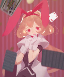 Rule 34 | 1girl, animal ears, blonde hair, card, fake animal ears, gloves, hand to own mouth, jack (playing card), jack of clubs (playing card), long hair, low ponytail, magia record: mahou shoujo madoka magica gaiden, magical girl, mahou shoujo madoka magica, nanase yukika, nervous, open mouth, playing card, puffy short sleeves, puffy sleeves, rabbit ears, red eyes, she li (lynxm), short sleeves, solo, white gloves