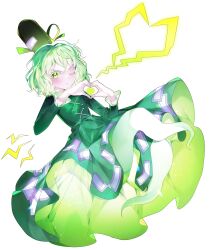 Rule 34 | 1girl, black hat, blush, closed mouth, cross-laced clothes, dress, electricity, full body, ghost tail, green dress, green eyes, green hair, hat, heart, heart hands, highres, j (ppxx3543), long sleeves, ofuda, ofuda on clothes, one eye closed, short hair, simple background, soga no tojiko, solo, tate eboshi, touhou, white background