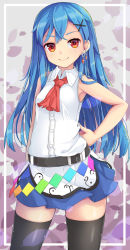 Rule 34 | 1girl, ascot, bare arms, bare shoulders, black thighhighs, blue hair, blue skirt, breasts, closed mouth, collared shirt, commentary request, dress shirt, earrings, glint, hand on own hip, highres, hinanawi tenshi, jewelry, long hair, pleated skirt, red ascot, red eyes, shirt, skirt, sleeveless, sleeveless shirt, small breasts, smile, solo, standing, thighhighs, touhou, uumaru, very long hair, white shirt