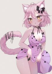 Rule 34 | 1girl, :o, absurdres, ahoge, animal ear fluff, animal ears, anyuu, bare arms, bare shoulders, black bow, black panties, black ribbon, blush, bow, breasts, cat ears, cat girl, cat hair ornament, cat ornament, cat tail, cleavage, clothes lift, cowboy shot, dress, dress lift, eyepatch, ghost hair ornament, hair between eyes, hair ornament, heart, heart eyepatch, highres, lifting own clothes, looking at viewer, medium breasts, medium hair, nyatasha nyanners, nyatasha nyanners (4th costume), panties, pink dress, pink hair, ribbon, short dress, simple background, sleeveless, sleeveless dress, solo, spaghetti strap, tail, tail ornament, tail ribbon, thighs, underwear, virtual youtuber, vshojo, white background, yellow eyes