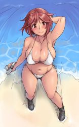 Rule 34 | 1girl, arm behind head, beach, bikini, blush, boots, breasts, brown eyes, brown hair, camera, cleavage, from above, large breasts, light smile, looking at viewer, navel, ocean, aged up, outdoors, rozen maiden, short hair, side-tie bikini bottom, solo, souseiseki, sweat, swimsuit, tsuda nanafushi, water, waves, white bikini