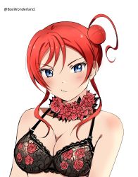 Rule 34 | absurdres, bare shoulders, black bra, blue eyes, blush, box wonderland, bra, breasts, cleavage, closed mouth, collar, commentary, dot nose, eyelashes, floral print, flower collar, hair bun, highres, lingerie, looking at viewer, love live!, love live! superstar!!, medium breasts, red hair, rose print, single hair bun, twitter username, underwear, upper body, v-shaped eyebrows, white background, yoneme mei