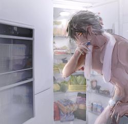 Rule 34 | 1boy, arknights, black hair, bottle, commentary, dal-gi, dark-skinned male, dark skin, english commentary, food, hair between eyes, highres, holding, holding bottle, looking at viewer, male focus, orange eyes, profile, refrigerator, solo, thorns (arknights), topless male, towel, towel around neck, upper body