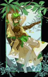 Rule 34 | 1boy, absurdres, androgynous, bard, black border, black hair, border, braid, branch, brooch, cape, collared cape, corset, flower, genshin impact, green cape, green headwear, green shorts, highres, in tree, jewelry, kurattes, leaf, male focus, outdoors, pantyhose, short hair with long locks, shorts, solo, tree, twin braids, venti (genshin impact), white flower, white pantyhose