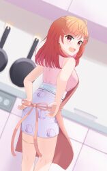 Rule 34 | 1girl, ahoge, apron, blue skirt, breasts, frying pan, hair ornament, hairpin, highres, hololive, hololive dev is, ichijou ririka, kisasage, large breasts, long hair, looking at viewer, looking back, open mouth, orange eyes, orange hair, pink apron, pink shirt, shirt, sideboob, skirt, sleeveless, sleeveless shirt, smile, solo, teeth, thigh strap, tying apron, upper teeth only, virtual youtuber